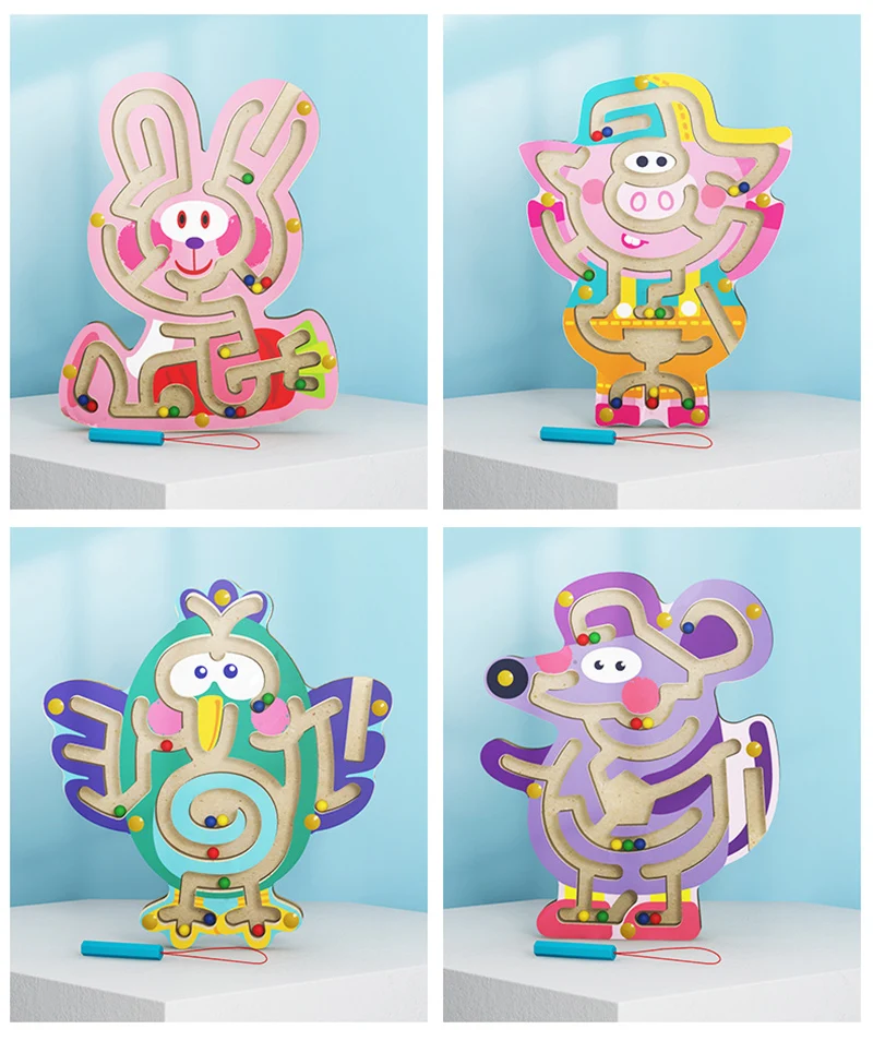 Kid Montessori Early Learning Educational Toys Wooden Magnetic Animal Maze Puzzle Dinosaur Walking Beads Labyrinth Children Toys
