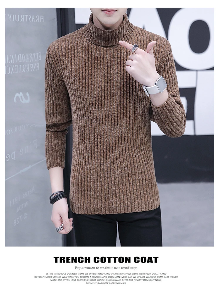 Мужской тонкий зимний толстый теплый свитер, мужской свитер с воротником под горло, свитер в полоску, облегающий пуловер, свитер для мужчин