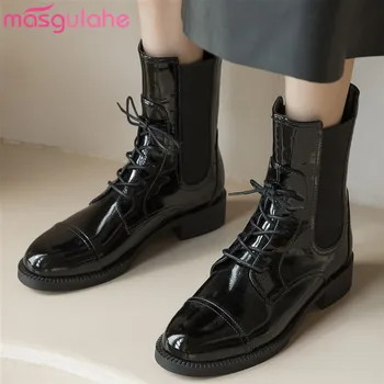 

Masgulahe 2020 winter women ankle boots autumn high quality shoes lace up black genuine leather hot fashion female boots