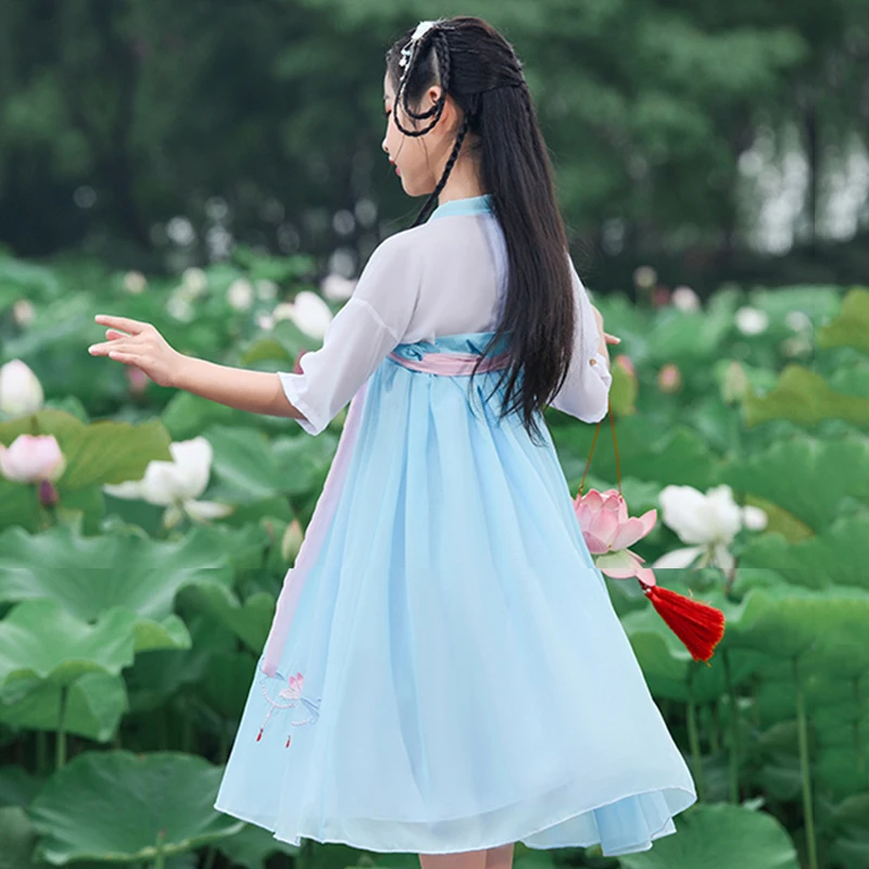 Hanfu/элегантный костюм в китайском стиле для девочек; детское шифоновое платье; детская Одежда для танцев в народном стиле династии Тан; DNV11947