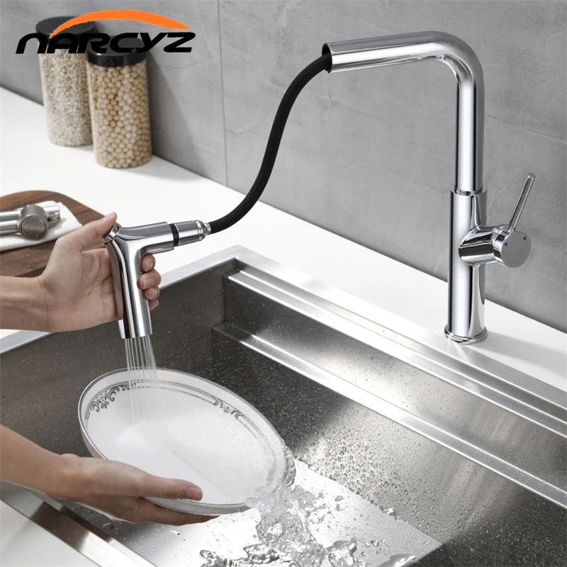 Смеситель для кухни хромированный с одной ручкой выдвижной одним отверстием