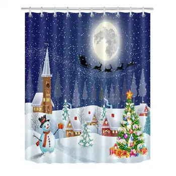 

Christmas Tree Shower Curtain Set Santa Claus Deer Sleigh Snowman Farm Town Winter Bathroom Curtain Hooks Waterproof Polyester