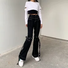 Gothic Grunge Black Jeans y2k Harajuku Punk Wide Leg Women Pants Hip Hop High Waist Bandage Streetwear Rivet Trousers
