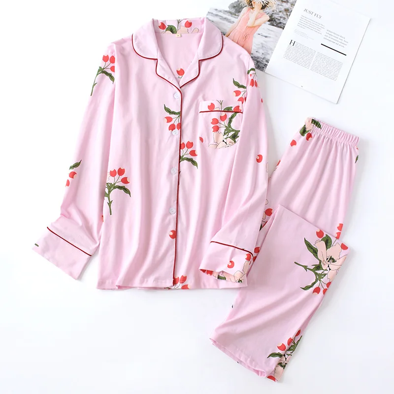 Spring and Autumn New Products Ladies Pure Cotton Plus Size Homewear Knitted Long Sleeve Trousers Pajama Set two piece set women