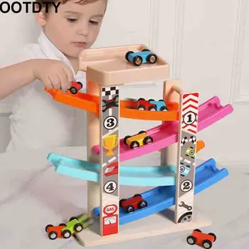

Wooden Train 7-Layer Race Track & 8 Mini Inertia Race Car Sliding Toy Vehical &Train Baby Toddler Motor for Baby Car