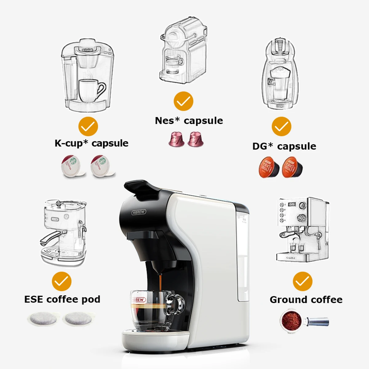 HiBREW Coffee Machine 19Bar 4in1 Multiple Capsule Expresso Cafetera Dolce  Milk&Nexpresso Capsule ESEpod Ground Coffee Pod H2 - AliExpress