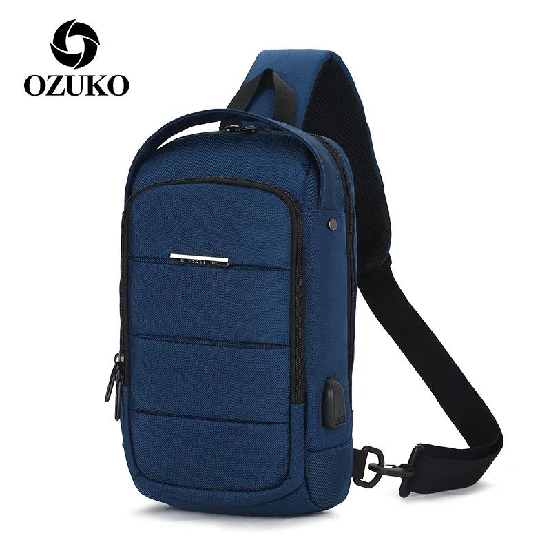 Blue OZUKO, водонепроницаемые сумки через плечо, Мужская нагрудная сумка, мужская сумка на плечо, большая емкость, Оксфорд, нагрудные сумки, зарядка через usb, сумки для мужчин - Цвет: Blue