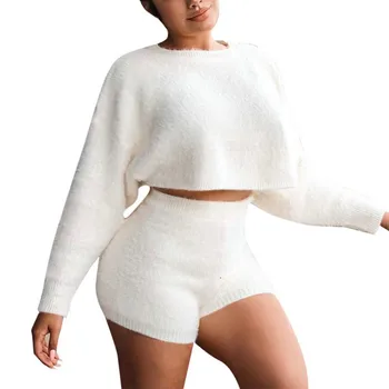 

Tracksuit For Women Fashion Short White Long Sleeve Round Collar Loose Sweater Suit Two Piece Set Shorts