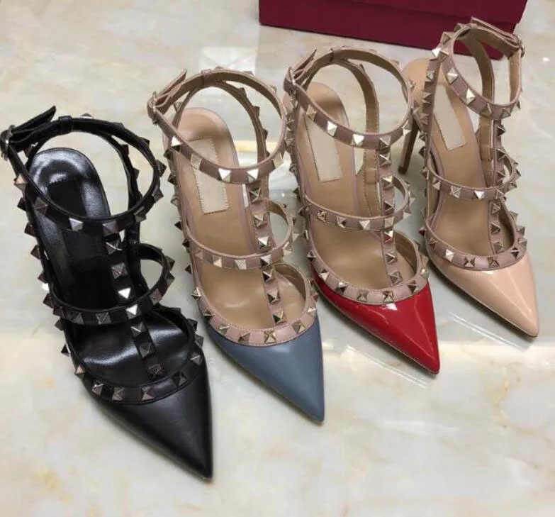 

Women Black Matte Platform Pumps Sexy Point Toe Rivet LeatherHigh Heel Shoes Fashion Buckle Studded Stiletto Sandals 34-43 Box