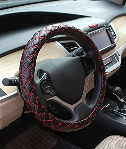 1" Универсальный чехол из искусственной кожи авто чехол рулевого колеса автомобиля 38 см Противоскользящий мягкий прочный Чехол для ручки автомобиля черный с белой/красной линией