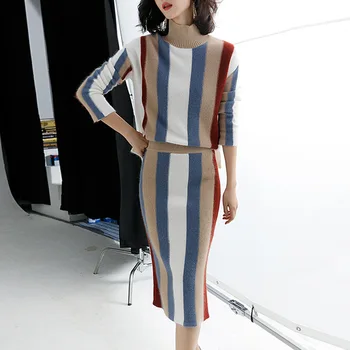 

2019 Autumn Winter New Irregular Striped Knitted Sweater Pullovers and Bodycon Pencil Skirts 2 Pieces Sets Women Warm Suit 1003