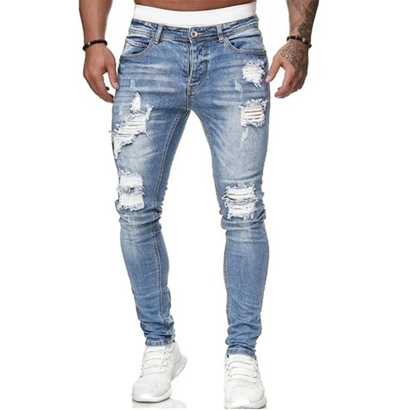 Pantalones vaqueros de chándal para hombre, pantalón Sexy con agujeros, informales, rasgados, ajustados, de talla grande, para verano y otoño, 2021