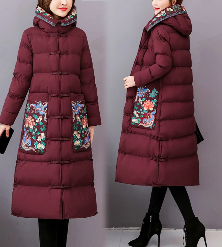 wine red Китайский зимний осенний женский пуховик, теплое длинное пальто, черная, красная, зеленая парка с вышивкой и капюшоном, Женское пальто с капюшоном - Цвет: wine red