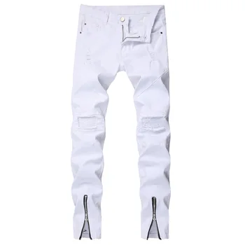 

2020 Men'S Wear Hole & Patch Slim Fit Feet Zipper Jeans Teenager Elasticity Skinny White Cowboy Trousers