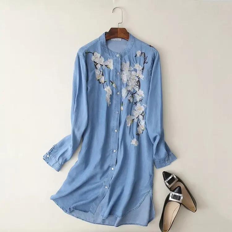 

Loose And Plus-sized Stand Collar Tencel Denim Skirt Women's Spring Flower Embroidered Mid-length Shirt Dress S7087