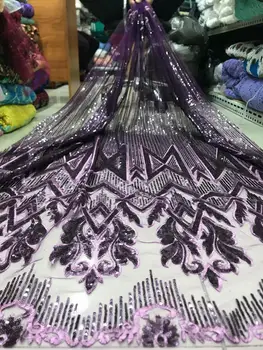 

2019 Hot New Purple African Nigerian Embroidery Sequins Organza French Mesh Net Sequence Lace Fabric for Africa Nigeria Party