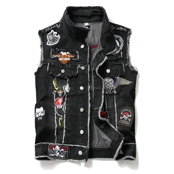 

2020 Men's male Punk Denim Vests Black Skull Embroidery Denim Waistcoat Slim Fit Fashion Jeans Sleeveless Jacket Male Vest Tops