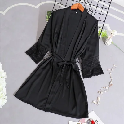 Сексуальные женские Кружево Satin Robe платье однотонные мягкие ночная рубашка кимоно халат пижамы свадебные туфли невесты Халаты - Цвет: Black Robe