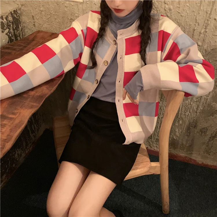 Harajuku Kawaii кардиган женский Универсальный хит цвет плед Женский вязаный кардиган пуговицы сладкий шик корейский свитер осень зима