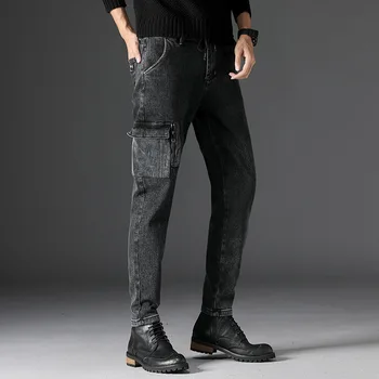 

EVES Winter pant man jean Dark Gray Retro Casual Denim Jogger jean Men pencil trouser Pocket Design with Adjustable Drawcord