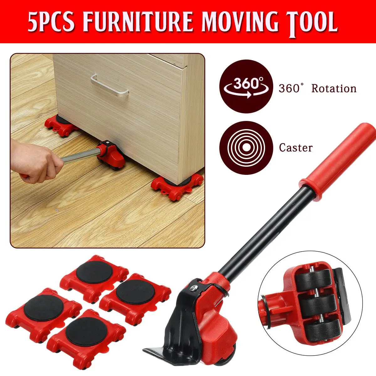 Youyijia Furniture Lifter Sliders 4Pcs Casters Kits 360 Degree Rotatable Adjustable Height Moving Lifting Tool Set for Heavy Duty Furniture Couches Refrigerators Washing Machine Red