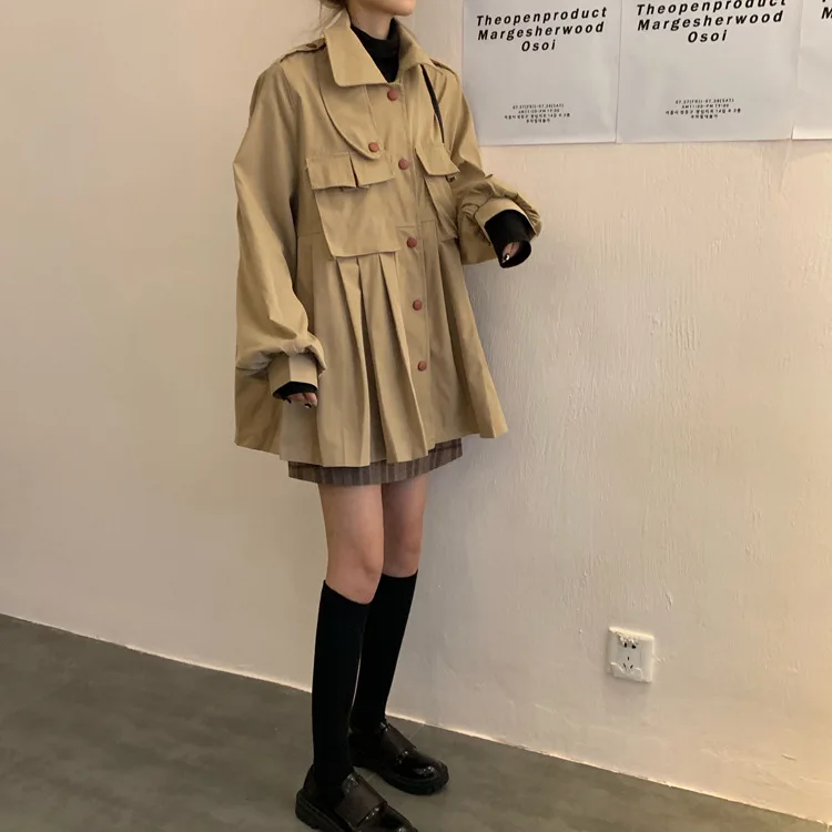 Для фотосессии, корейский стиль, осень, стиль, Ретро стиль, промышленный плиссированный карман, свободный крой, рабочая одежда, Тренч, пальто для женщин