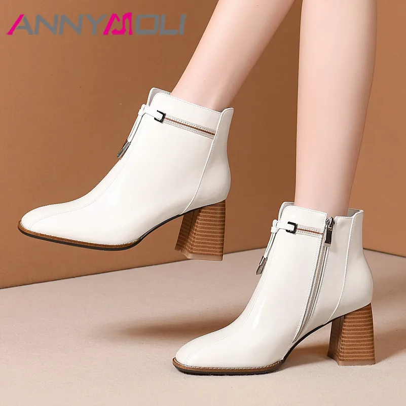 

ANNYMOLI Winter Ankle Boots Women Natural Genuine Leather Chunky High Heels Short Boots Zipper Square Toe Shoes Lady Size 34-41
