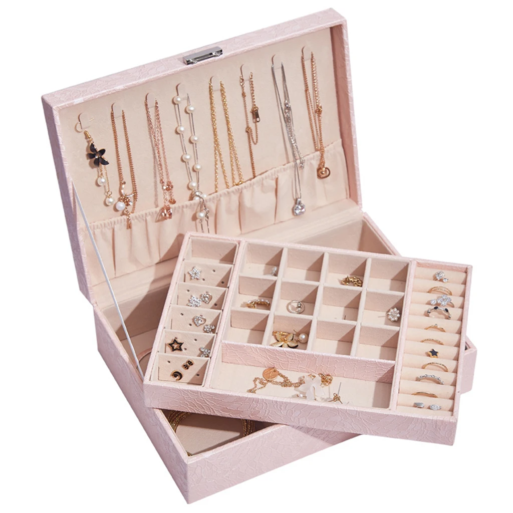 Jewelry Box for Necklace Watch Cosmetics Lipstick Storage Case Two Layer PU Leather Solid Color - White/Pink