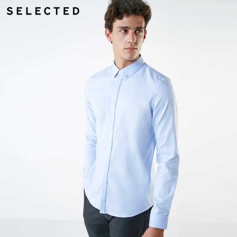 Мужская приталенная хлопковая рубашка с длинными рукавами и воротником | 418405504 - Цвет: SKYWAY