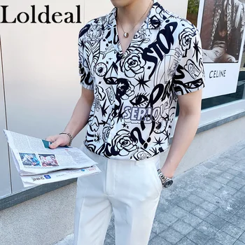 

Loldeal Men's Short-sleeved Shirt Fashion Printed Polyester Fiber Casual Slim Single-breasted