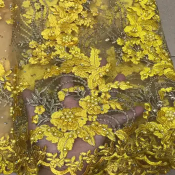 

Lace fabric yellow African French lace fabric high quality high-end hand embroidery · beaded wedding Nigerian lace fabric