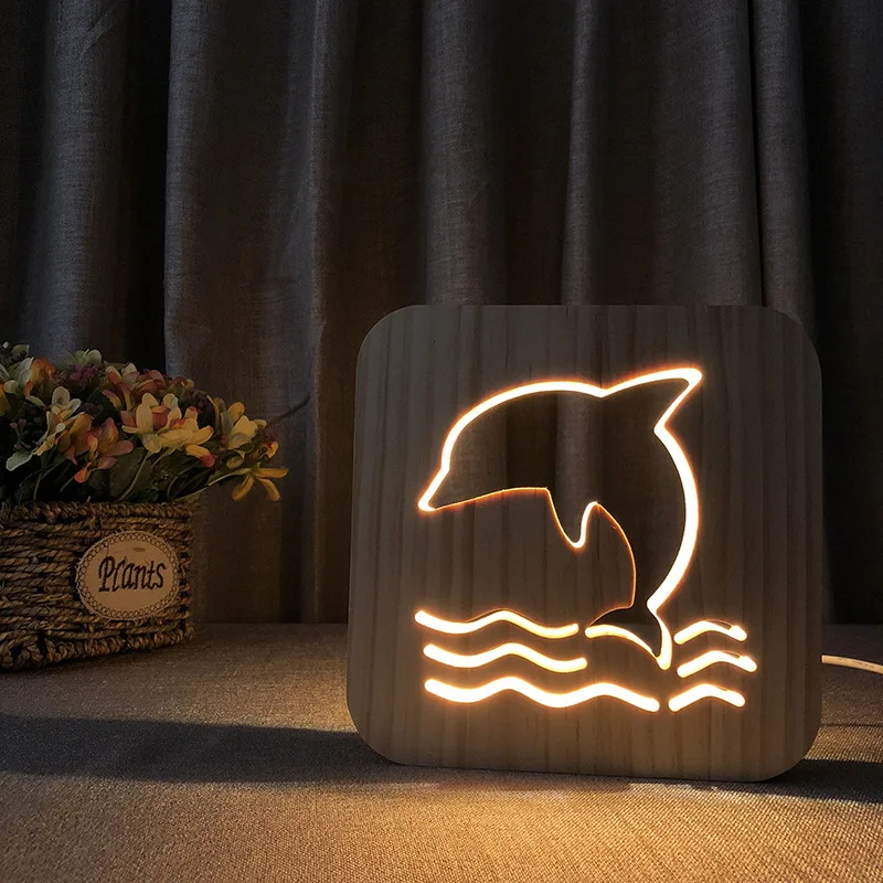 

FS-T1885 Cross Border New Style Creative Product Dolphin Small Night Lamp LED mu tou deng Solid Wood 3D Lamp