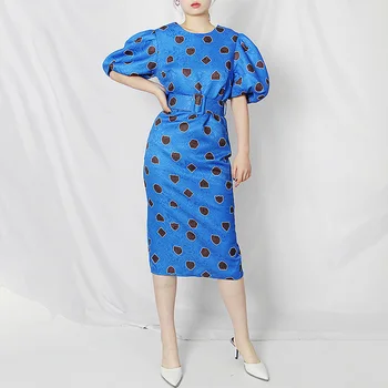 

Vintage Blue Print Women Dress Autumn 2020 Half Sleeve Party Robe Femme Retro Orange Geometric Printed Bodycon Office Vestidos