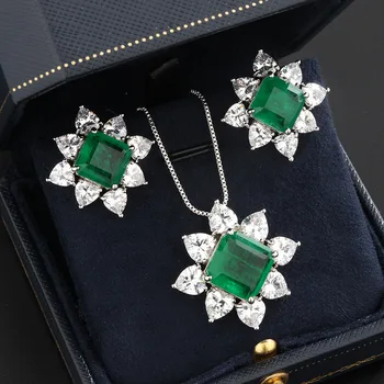 

Women Anniversary gift Created Emerald zircon stone Earrings necklace and ring silver color jewelry set for ladies party