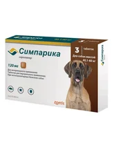 Zoetis Симпарика, жевательные таблетки от блох и клещей для взрослых собак весом 40-60 кг, 120 мг 3 таблетки Zoetis Симпарика, жевательные таблетки от блох и клещей для взрослых собак весом 40-60 кг, 120 мг 3 таблетки