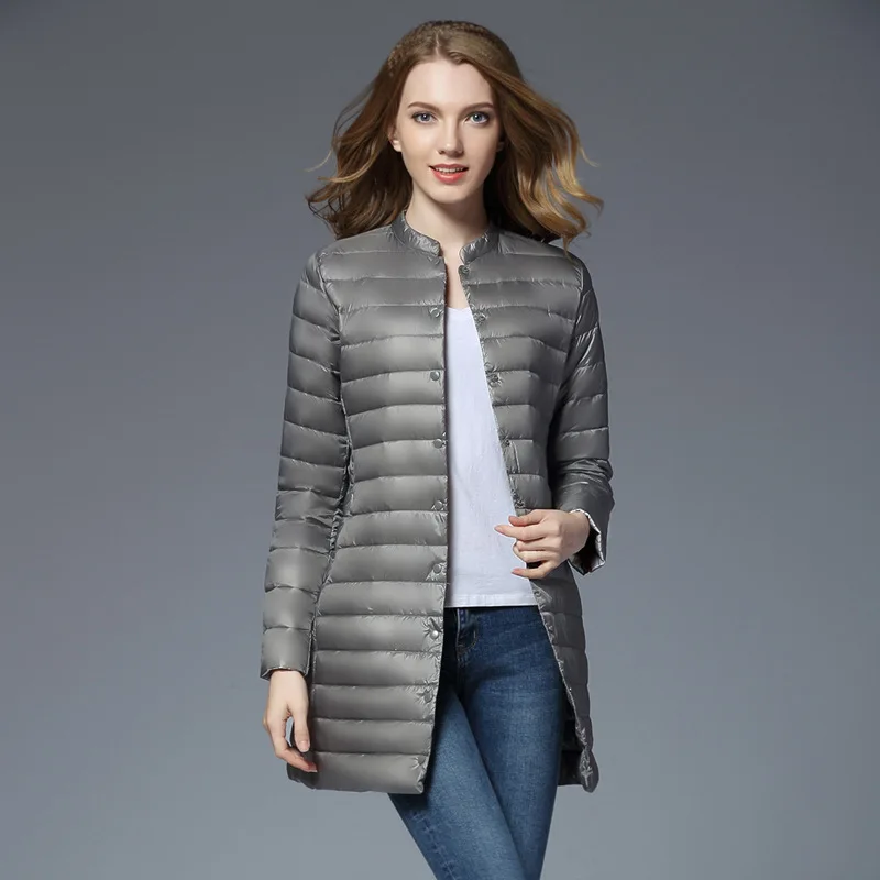 Стиль, маленький пуховик со стоячим воротником, Женская однобортная куртка средней длины на весну и зиму, приталенная, супер легкая, теплая - Цвет: Серый