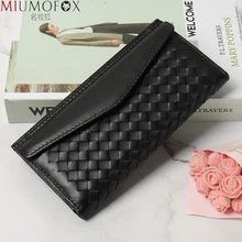 

2022 New Women Long Weave Wallet Fashion Hasp Multifunction Card Holder Luxury Sheepskin Genuine Leather Woman Coin Purse Clutch