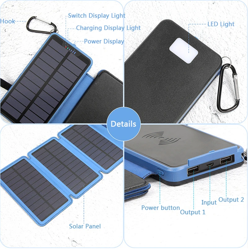 Solar Power Bank 20000mA Solar Panel Charger Waterproof Powerbank Outdoor Portable External Battery Poverbank with Camping Light wireless power bank