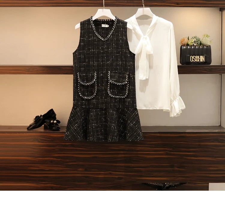 M-4XL плюс размер женское элегантное платье из двух частей осень мода лук длинный рукав блузки и без рукавов твидовые платья с оборками