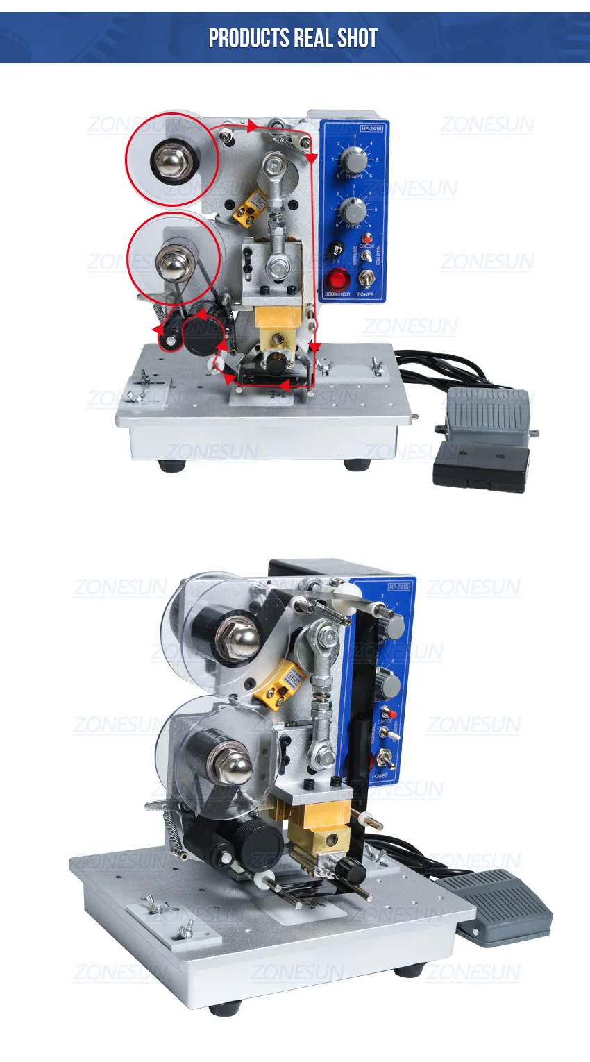 ZONESUN полуавтоматический горячего штамп машина для кодирования Дата символов Hot Code принтер ленты даты кодирования печатная машина