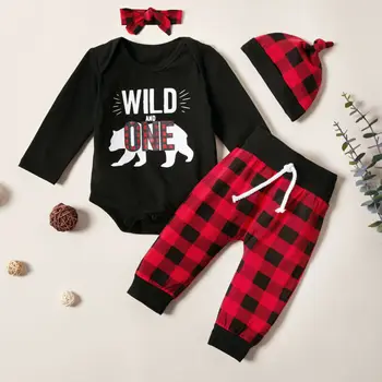 

US Autumn Clothes Toddler Baby Boy Girls Wild And One Bodysuit Plaid Pants Winter Clothes 0-18M