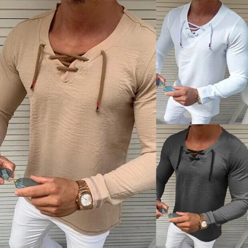 

2021 Spring and Autumn Hirigin Men Casual Muscle T-Shirt Slim Fit V-Neck Long Sleeve Loose Pure Color Tops Tee Plus Size M-XXXL