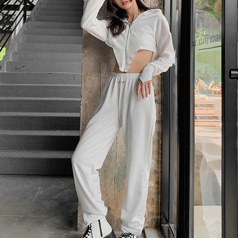 

2020 New Women Two Piece Set Zipper Crop Tops and Pants Hip Hop Club Outfit Panelled 2 Piece Set Tracksuit Women Joggers Suit