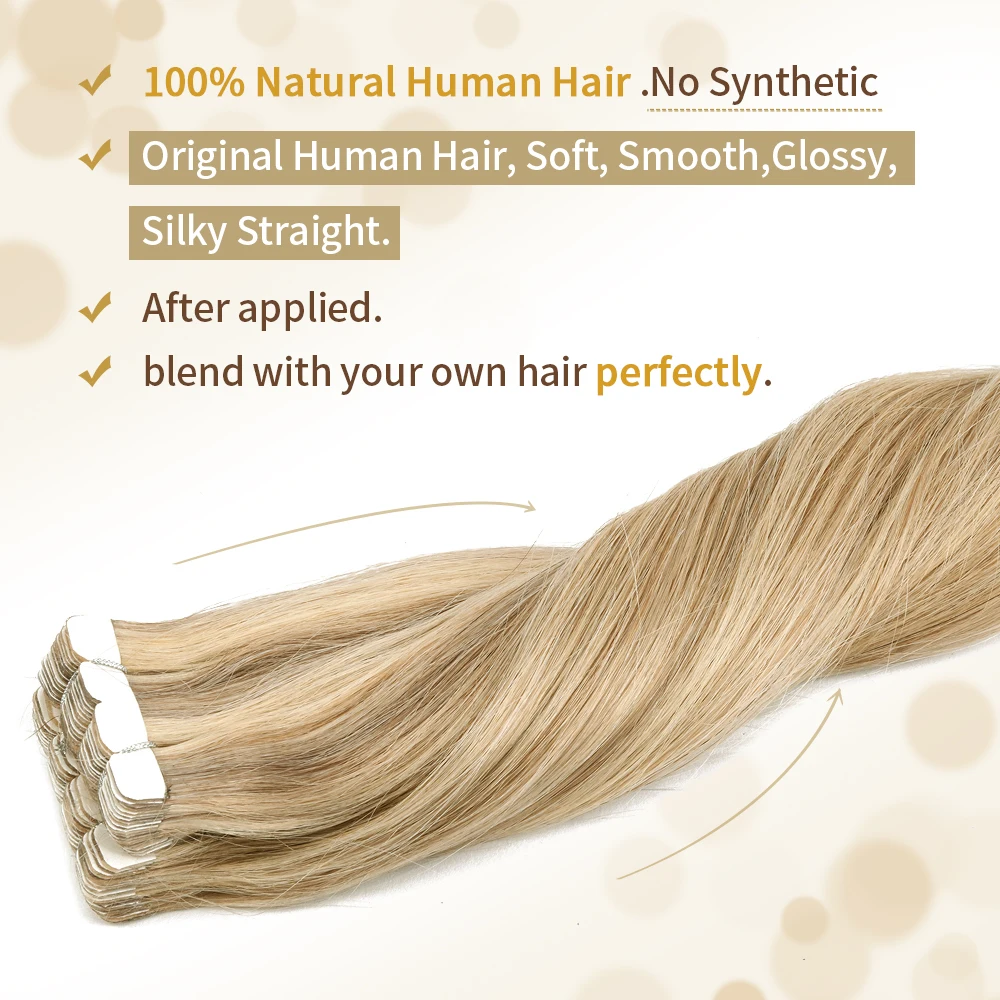 ZURIA Mini Tape In Hair Extensions Machine Remy Natural Hair Extensions Human Hair Straight 20 Inchs Seamless Adhesive Skin Weft