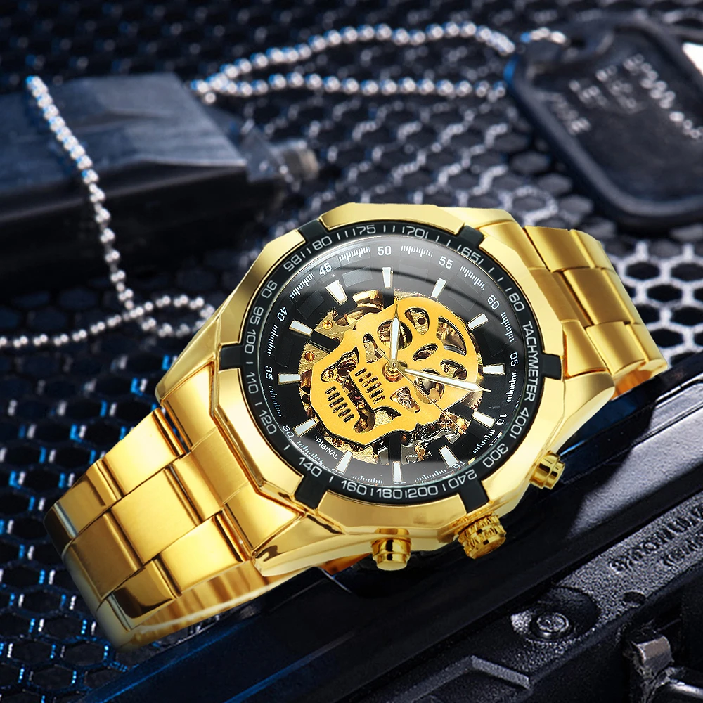 WINNER-reloj dorado automático oficial para hombre, pulsera mecánica con correa a la moda, Calavera, de lujo, venta al por mayor - Imagen 3
