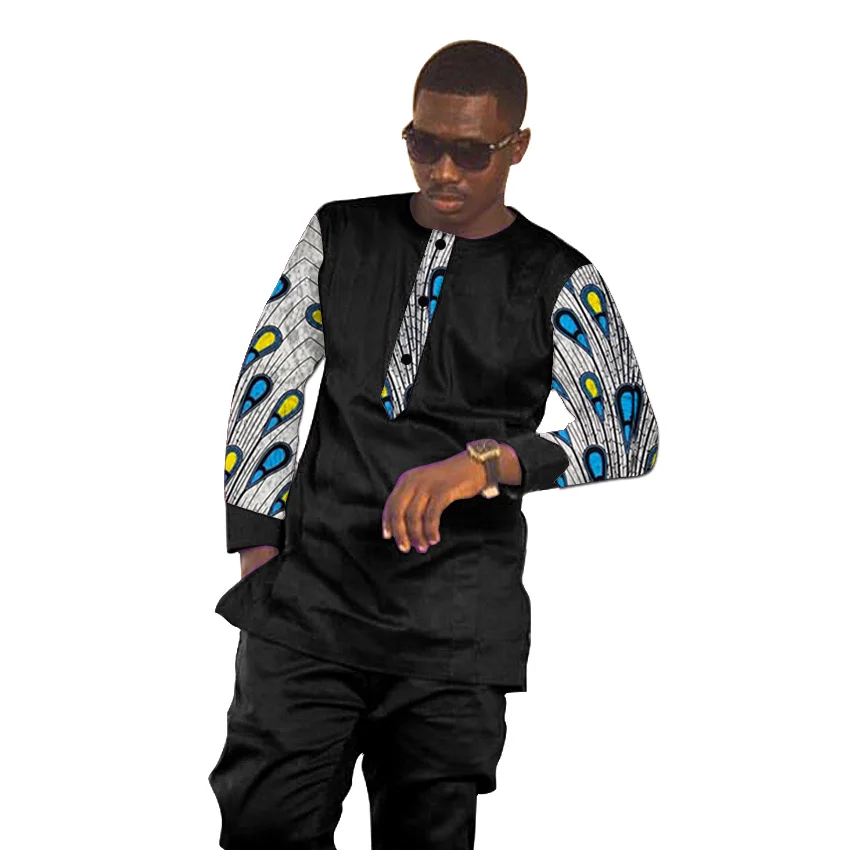 Африканский принт человек рубашки Дашики модный Комплекты штанов черный топ + брюки 2 шт. индивидуальные Для мужчин наряд для африканских