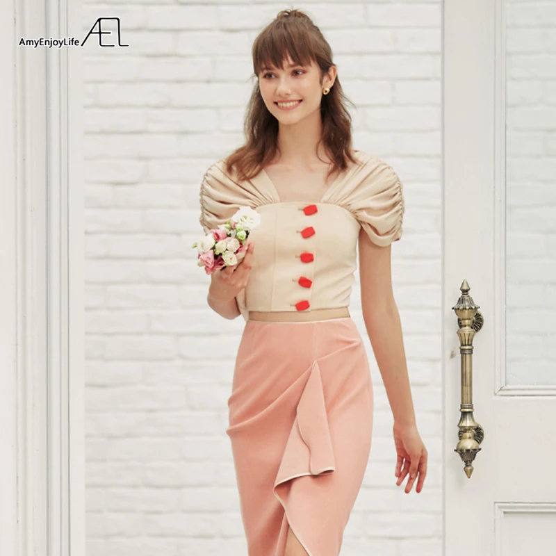 

AEL apricot crop tops blouse women Pleated Puff Sleeve short 2019 France Court Style Retro Sweet corset top shirt