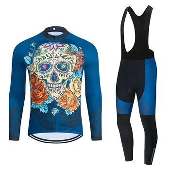 

The latest in an original blue flower and skull motif for men's long-sleeved cycling wear