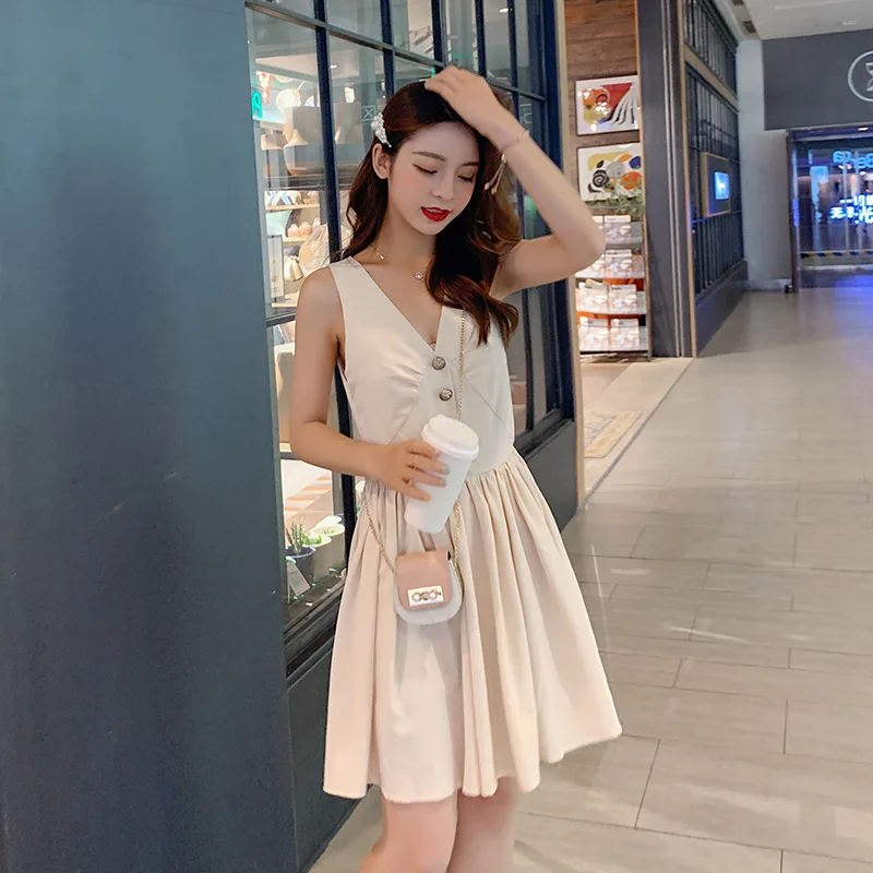 

Customizable Dress Summer New Style Versatile Immortal V-neck High-waisted Slimming Single Breasted Sleeveless A- line Dres