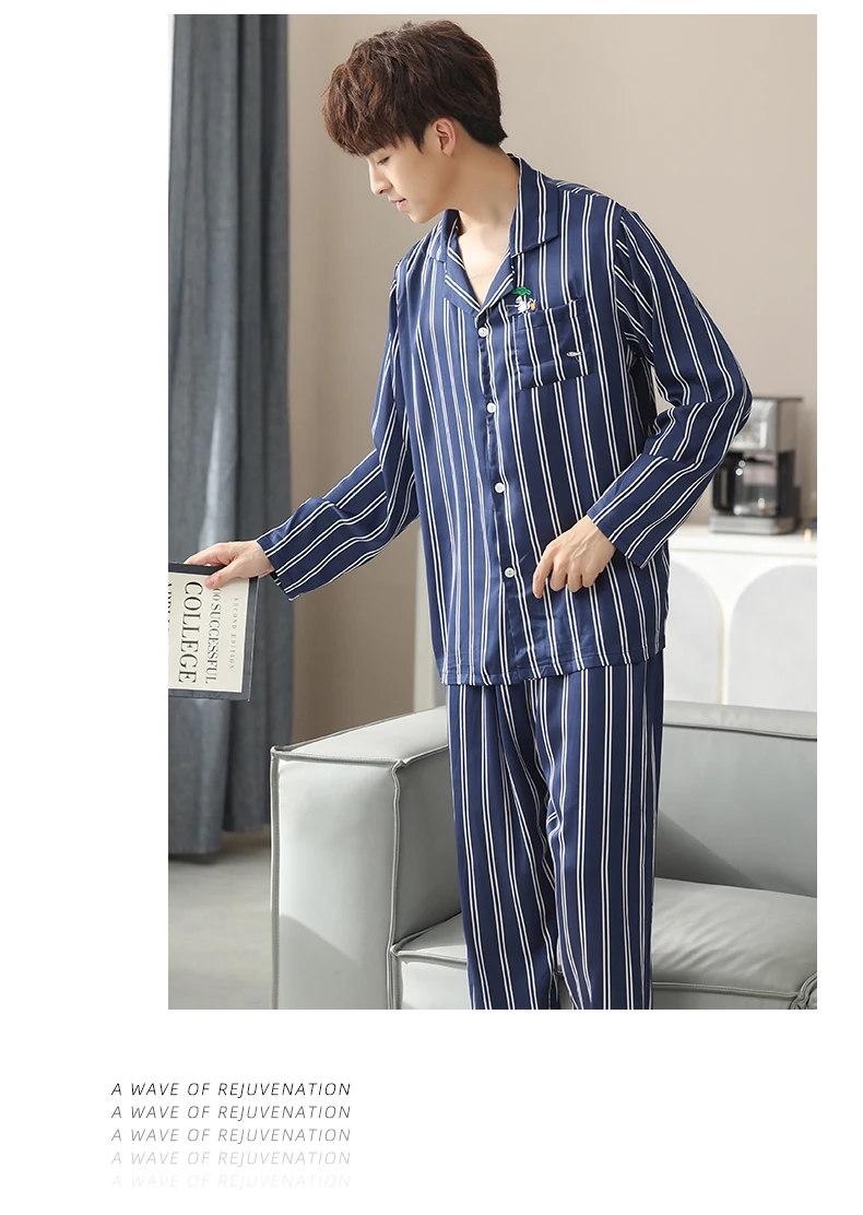 pajama bottoms Autumn Men's Silk Striped Pajama Sets Satin Cardigan Sleepwear Pajamas Male Sleepwear Home Clothes Pijama Hombre Loungewear 4XL mens cotton pajama shorts